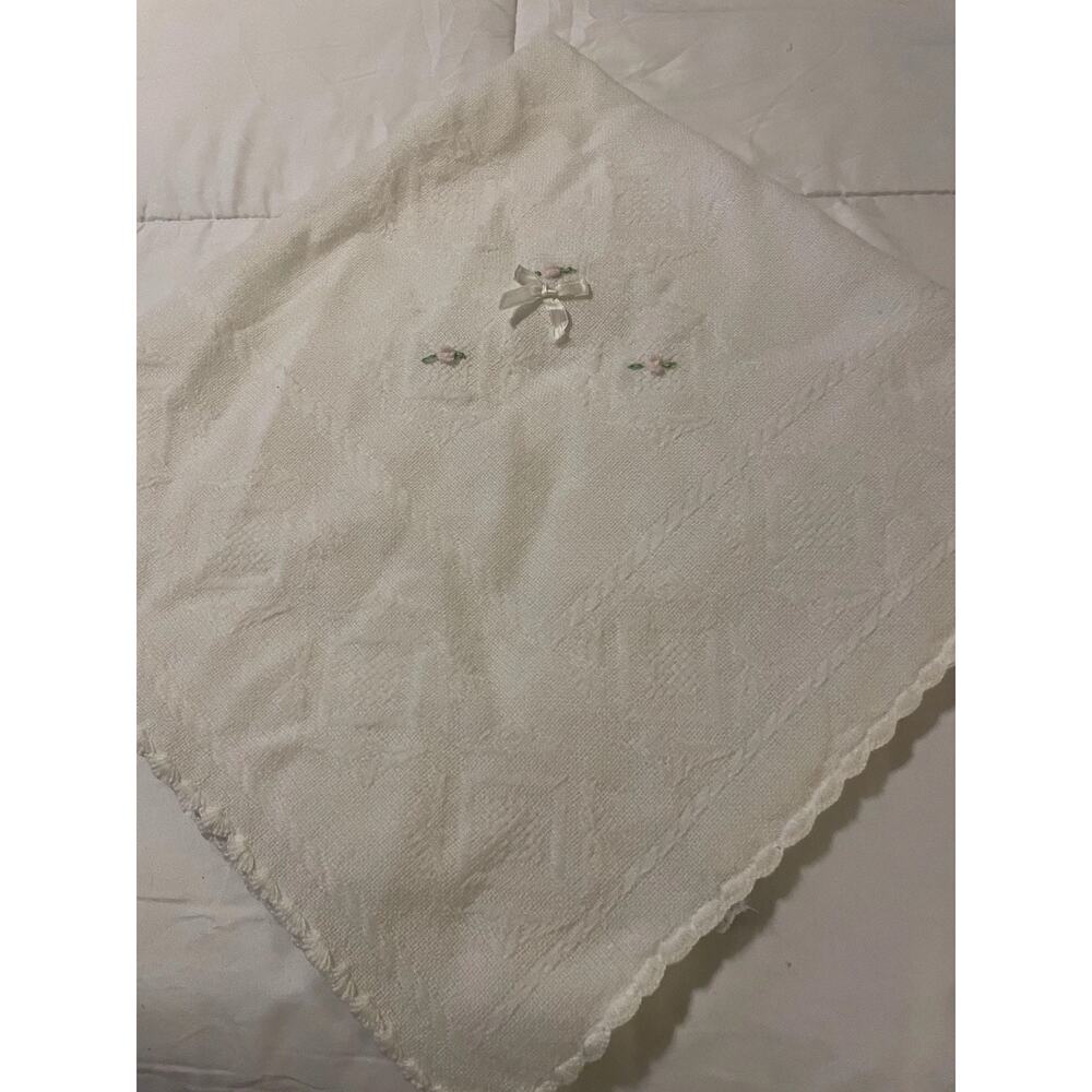 Vintage Baby Blanket White Floral Ribbon Orlon Acrylic 34” Nursery